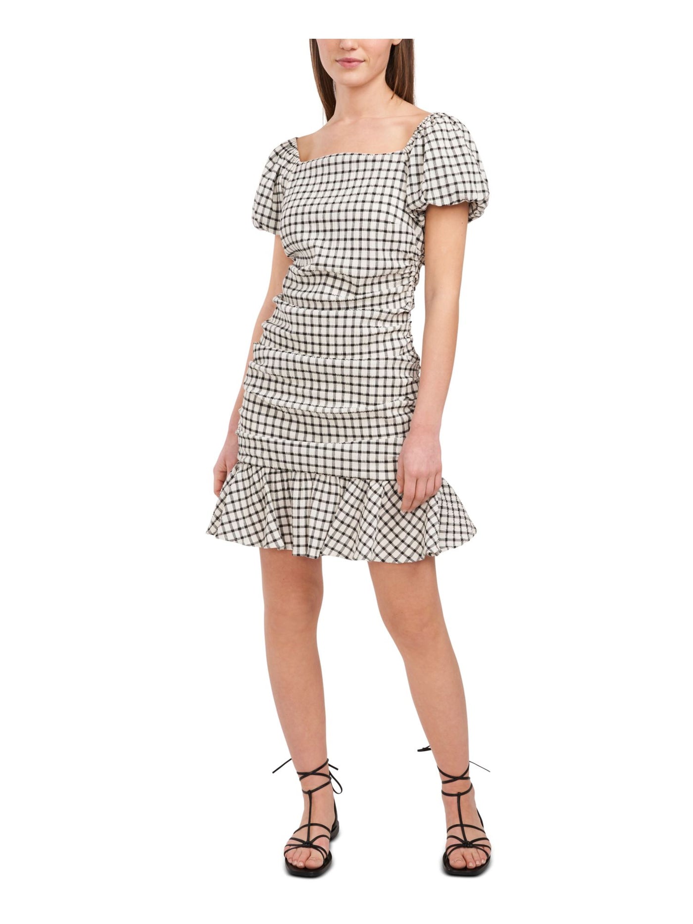 RILEY&RAE Womens Black Ruched Ruffled Seersucker Lined Check Pouf Sleeve Square Neck Short Sheath Dress 14