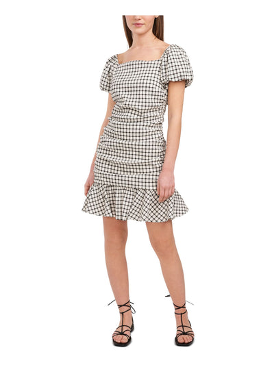 RILEY&RAE Womens Ruched Ruffled Seersucker Lined Pouf Sleeve Square Neck Short Sheath Dress