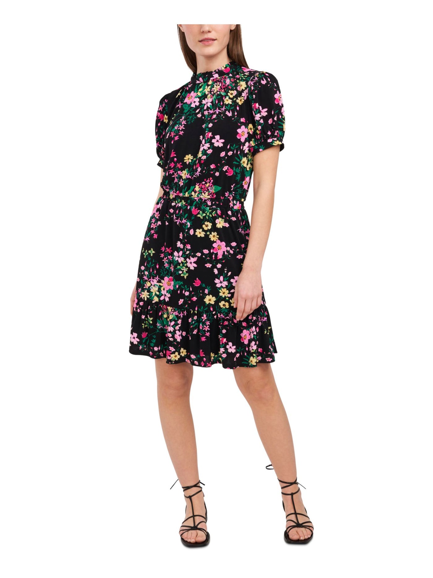 RILEY&RAE Womens Black Stretch Ruffled Elastic Waist Keyhole Back Floral Pouf Sleeve Mock Neck Above The Knee Party Fit + Flare Dress XS