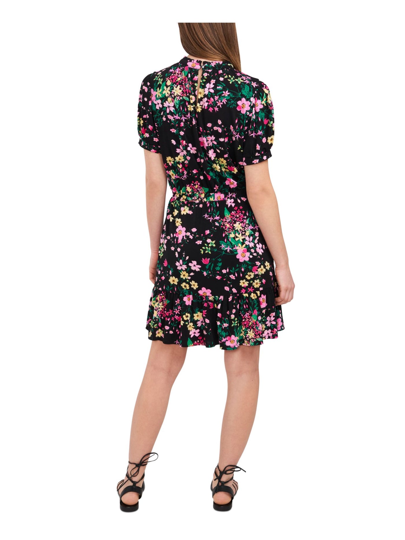 RILEY&RAE Womens Black Stretch Ruffled Elastic Waist Keyhole Back Floral Pouf Sleeve Mock Neck Above The Knee Party Fit + Flare Dress XS