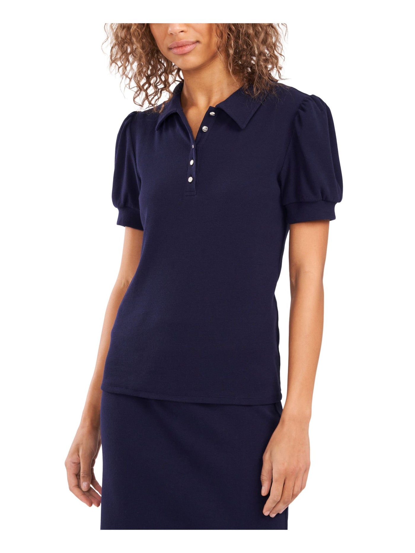 RILEY&RAE Womens Navy Stretch Ribbed Polo Pouf Sleeve Collared Top S