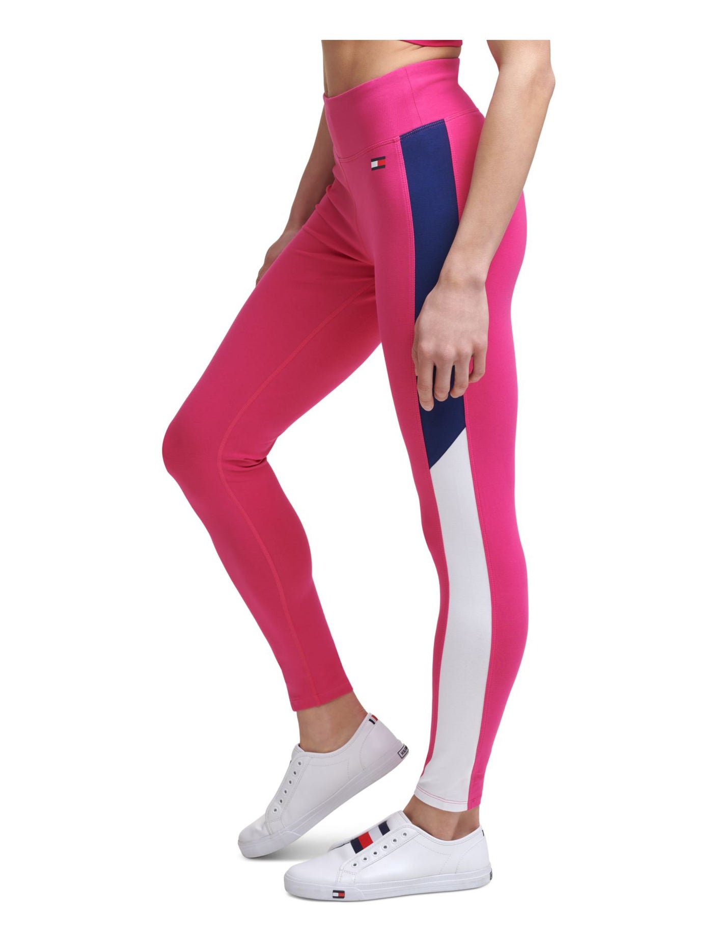 TOMMY HILFIGER SPORT Womens Pink Stretch Color Block Active Wear High Waist Leggings S
