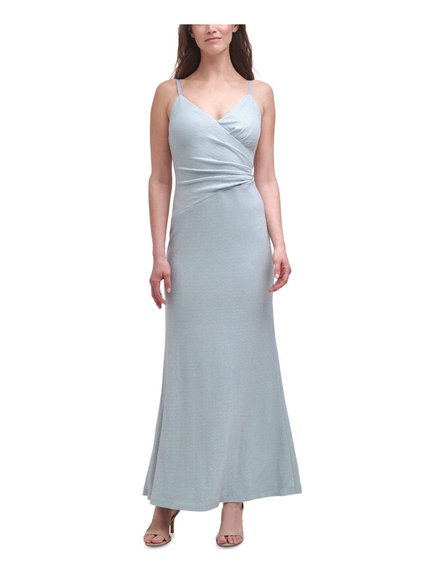 ELIZA J Womens Light Blue Stretch Zippered Sequined Metallic Pleated Gown Spaghetti Strap V Neck Full-Length Formal Mermaid Dress 8