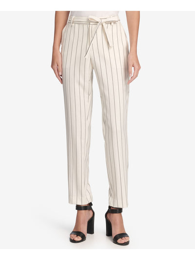 DKNY Womens Ivory Stretch Pocketed Zippered Tie-waist Belted Slim Ankle Pinstripe Wear To Work Straight leg Pants 16