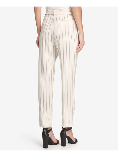 DKNY Womens Ivory Stretch Pocketed Zippered Tie-waist Belted Slim Ankle Pinstripe Wear To Work Straight leg Pants 16