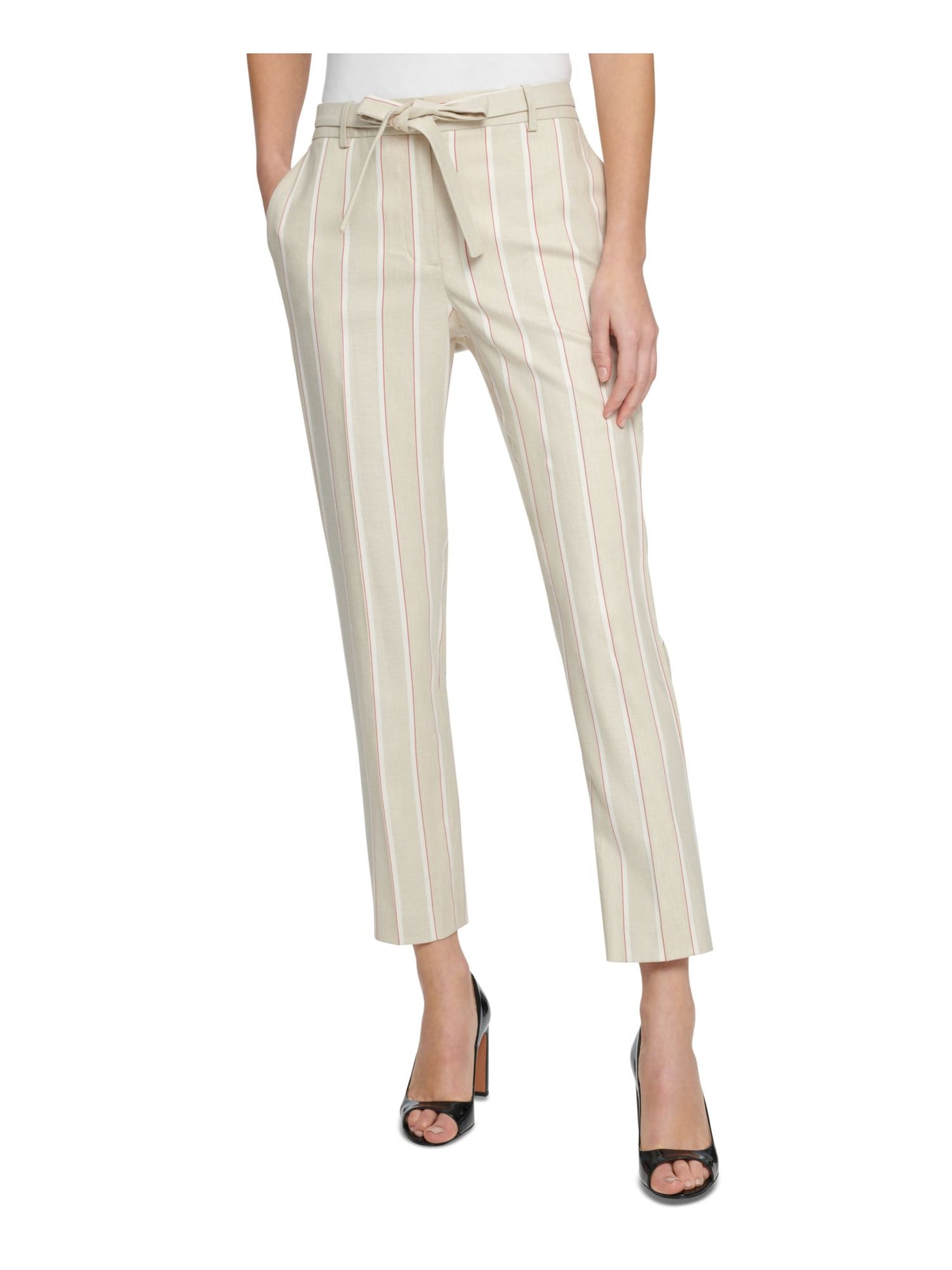 DKNY Womens Beige Stretch Pocketed Zippered Tie-waist Ankle Mid-rise Pinstripe Wear To Work Straight leg Pants 14