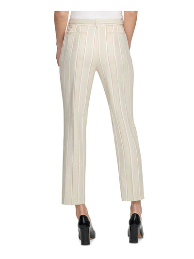 DKNY Womens Beige Stretch Pocketed Zippered Tie-waist Ankle Mid-rise Pinstripe Wear To Work Straight leg Pants 12
