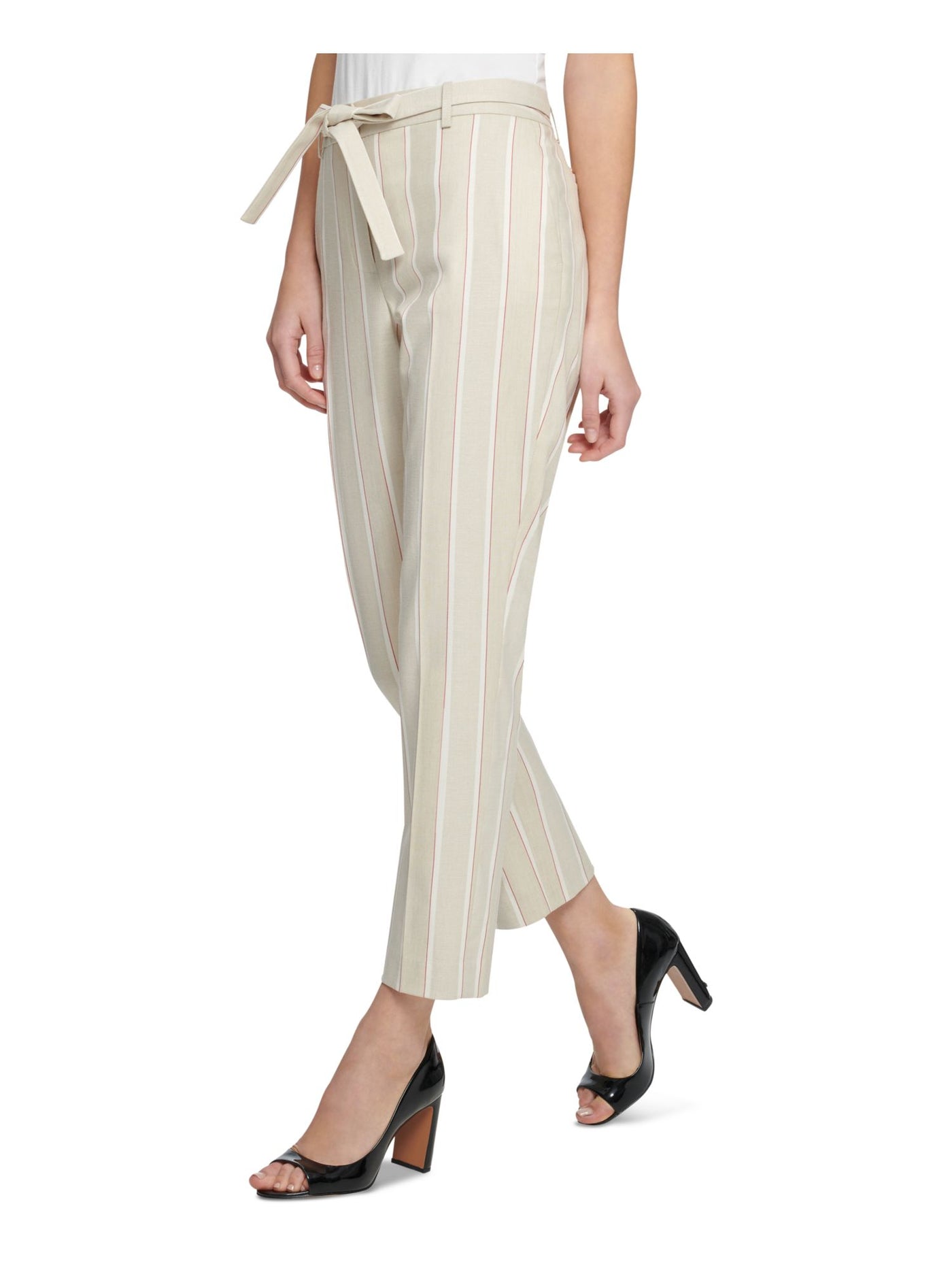 DKNY Womens Beige Stretch Pocketed Zippered Tie-waist Ankle Mid-rise Pinstripe Wear To Work Straight leg Pants 12