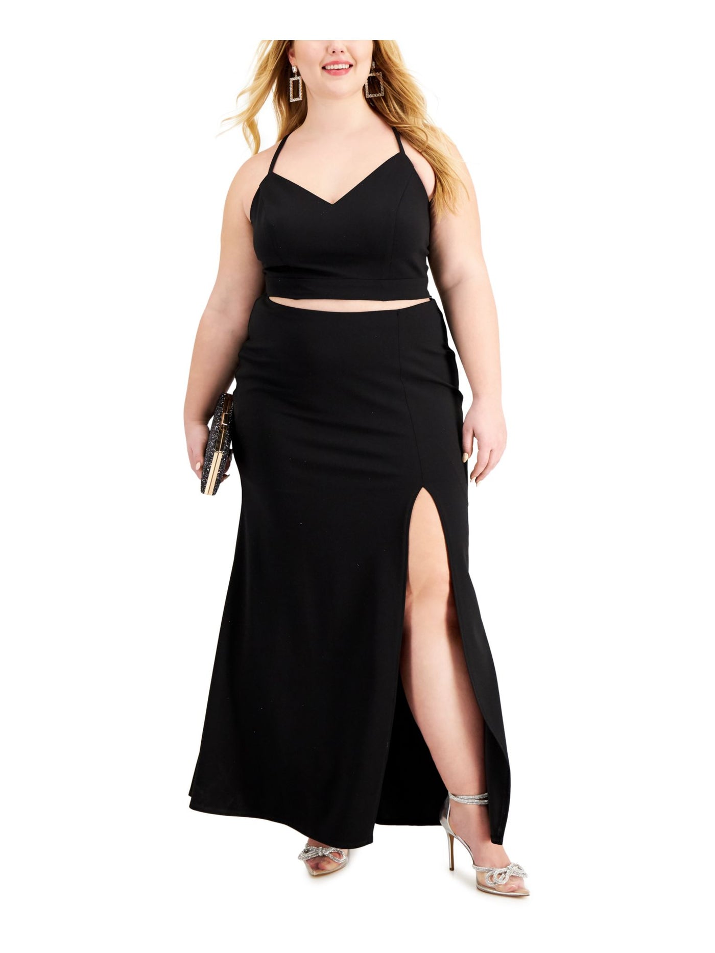 B DARLIN Womens Black Slitted Zippered Spaghetti Strap V Neck Full-Length Formal A-Line Crop Top Skirt Plus 24W