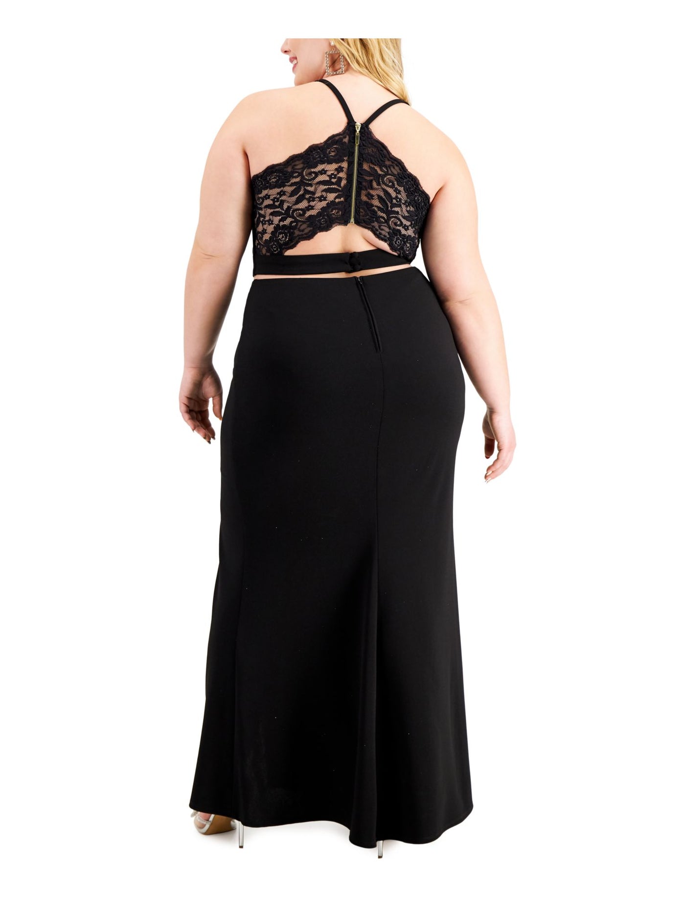 B DARLIN Womens Black Slitted Zippered Spaghetti Strap V Neck Full-Length Formal A-Line Crop Top Skirt Plus 24W