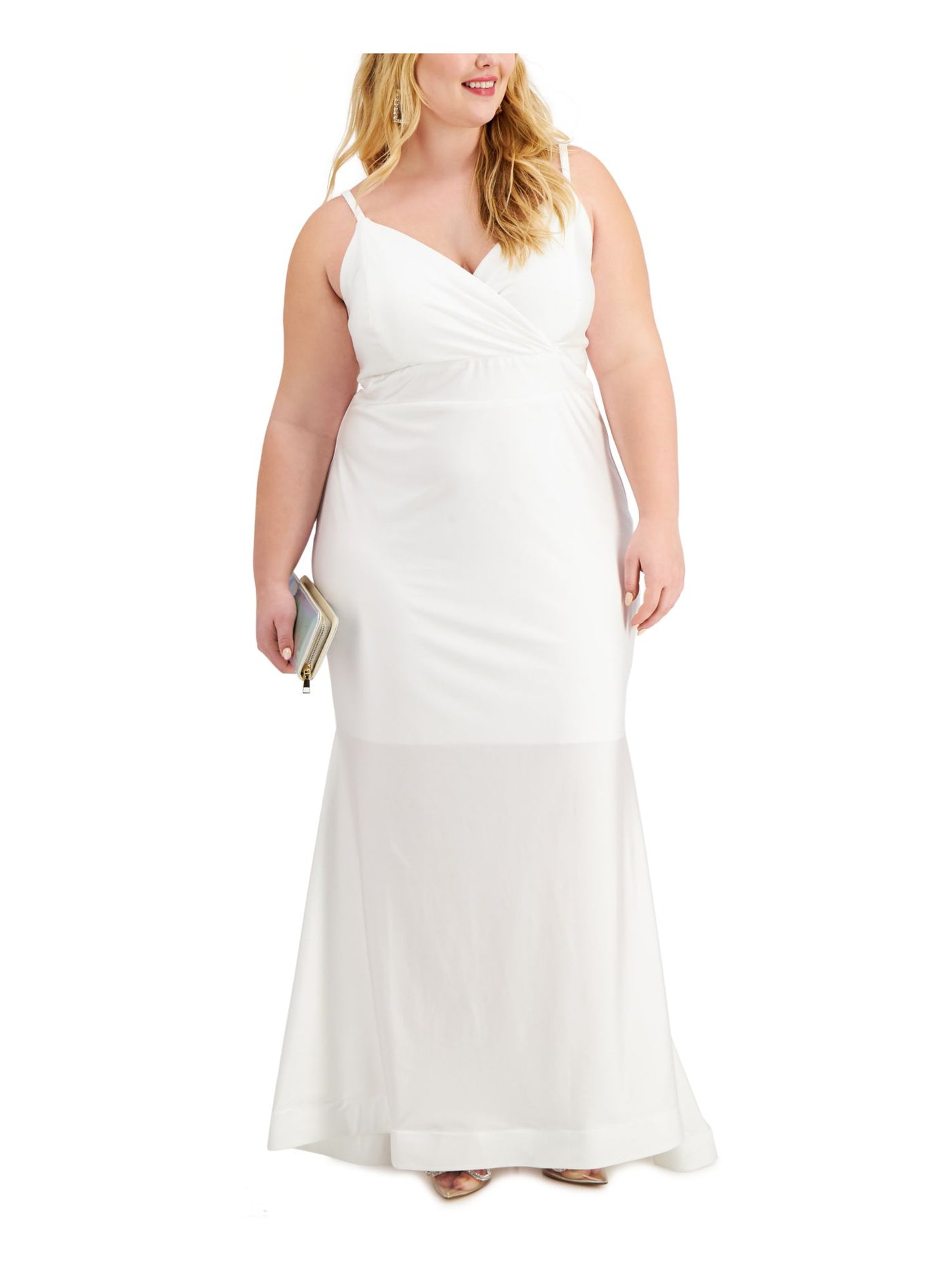 R&M RICHARDS Womens White Ruched Spaghetti Strap Surplice Neckline Full-Length Evening Fit + Flare Dress Plus 18W