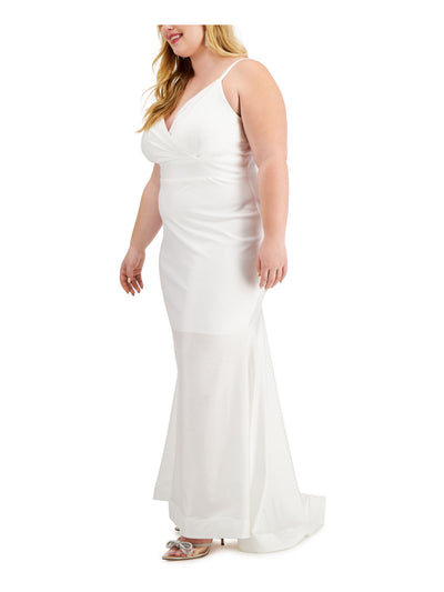 MORGAN & CO Womens White Ruched Spaghetti Strap Surplice Neckline Full-Length Evening Fit + Flare Dress Plus 20W