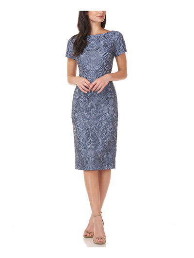 JS COLLECTION Womens Blue Embroidered Zippered Short Sleeve Boat Neck Knee Length Cocktail Sheath Dress 2