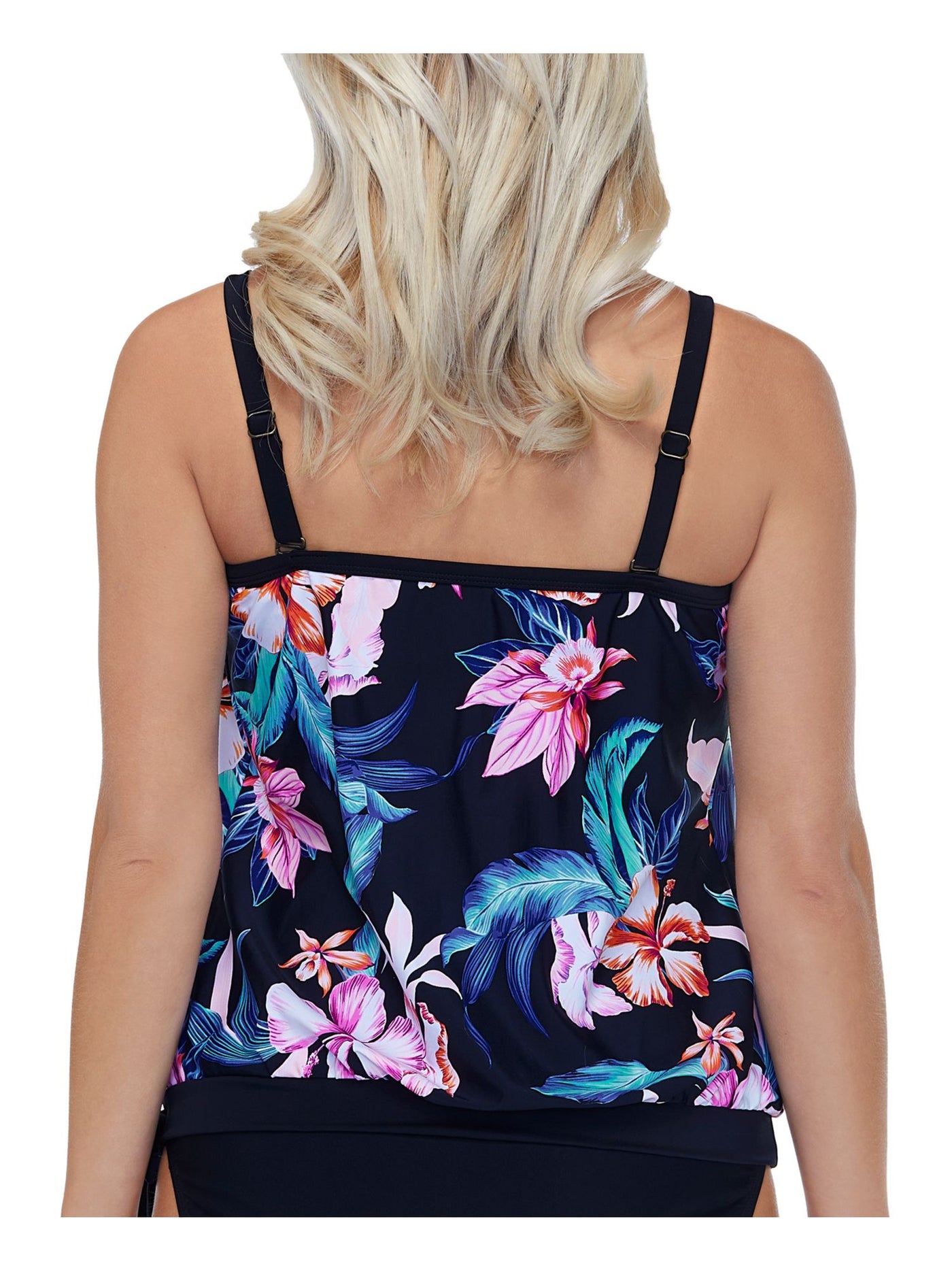 ISLAND ESCAPE Women's Black Floral Removable Straps Removable Cups Pleated Tie Rio Bloom Bandeau Tankini Swimsuit Top 6