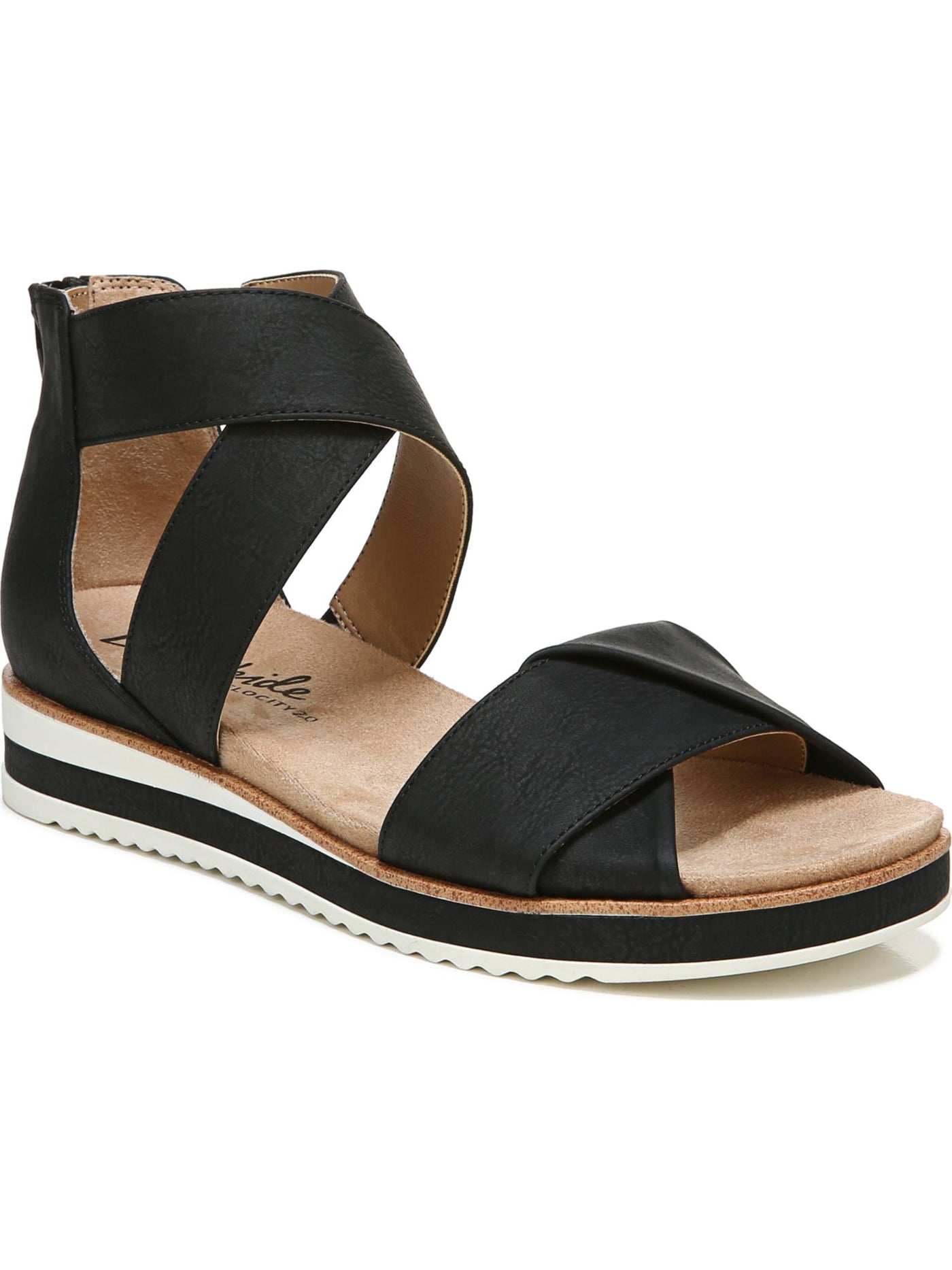 LIFE STRIDE VELOCITY Womens Black Strappy 1" Platform Cushioned Goring Zoom Round Toe Wedge Zip-Up Sandals Shoes 9 M