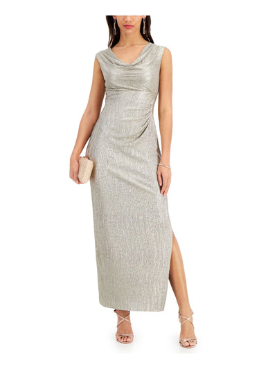CONNECTED APPAREL Womens Silver Stretch Textured Slitted Metallic Lined Sleeveless Cowl Neck Maxi Formal Sheath Dress 4