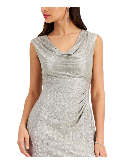 CONNECTED APPAREL Womens Silver Stretch Textured Slitted Metallic Lined Sleeveless Cowl Neck Maxi Formal Sheath Dress 4