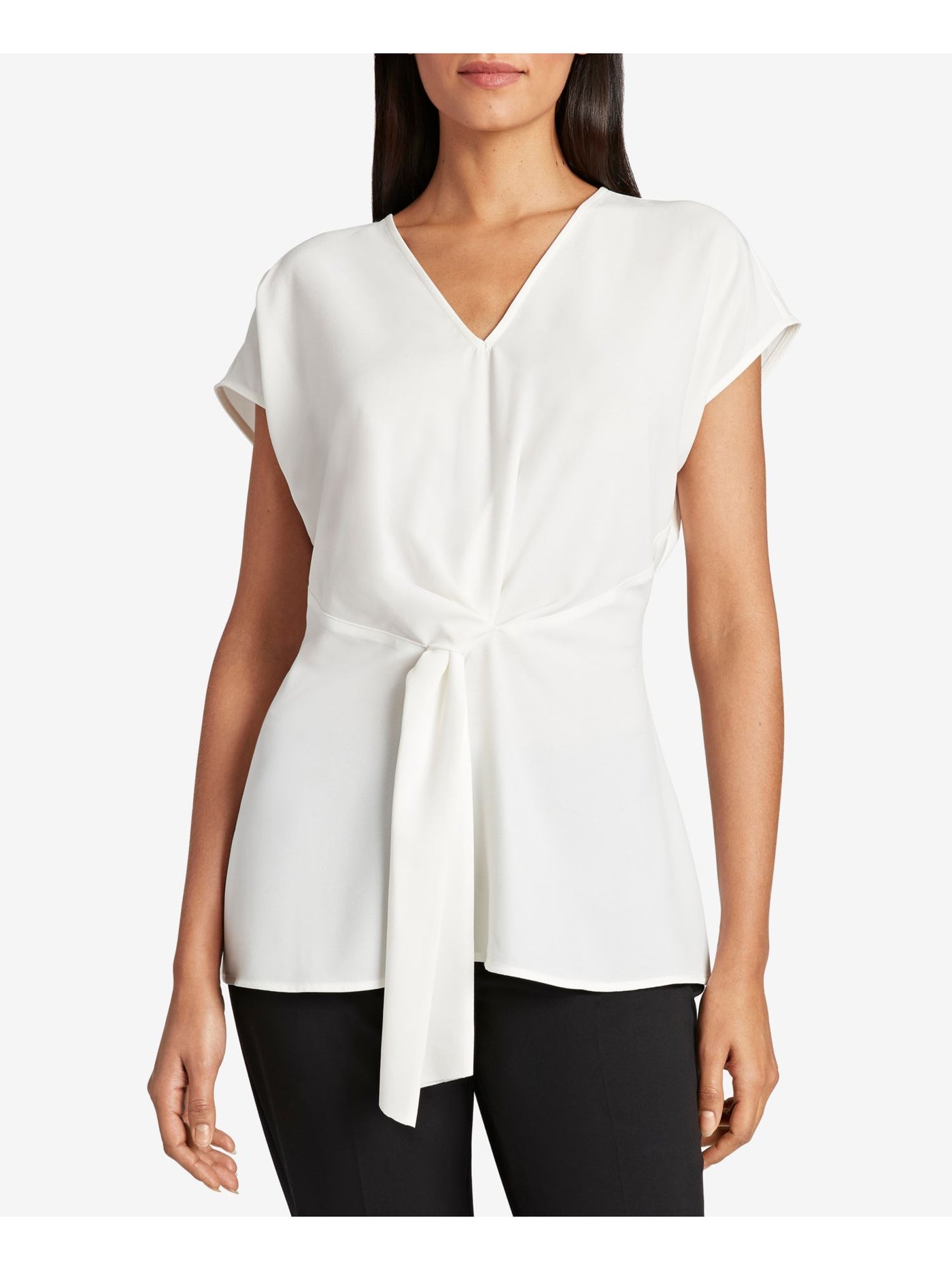 TAHARI Womens Ivory Textured Tie Sash At Waist Short Sleeve V Neck Wear To Work Top S