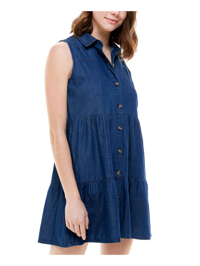 ROSIE HARLOW Womens Blue Denim Sleeveless Point Collar Short Shift Dress XXS