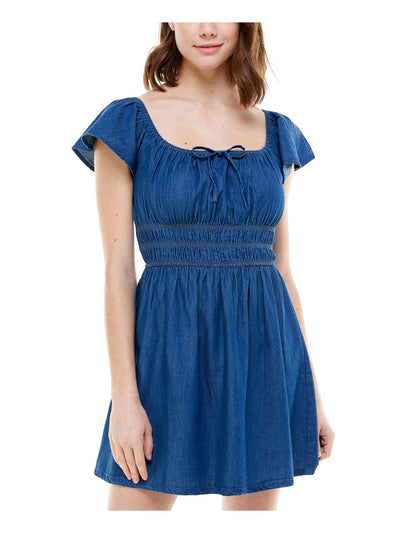 Rosie Harlow Womens Denim Tie Smocked On & Off Shoulder Flutter Sleeve Square Neck Mini Fit + Flare Dress