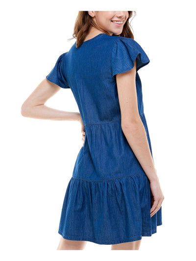 ROSIE HARLOW Womens Navy Denim Smocked Square Neck Mini Fit + Flare Dress Juniors XXS