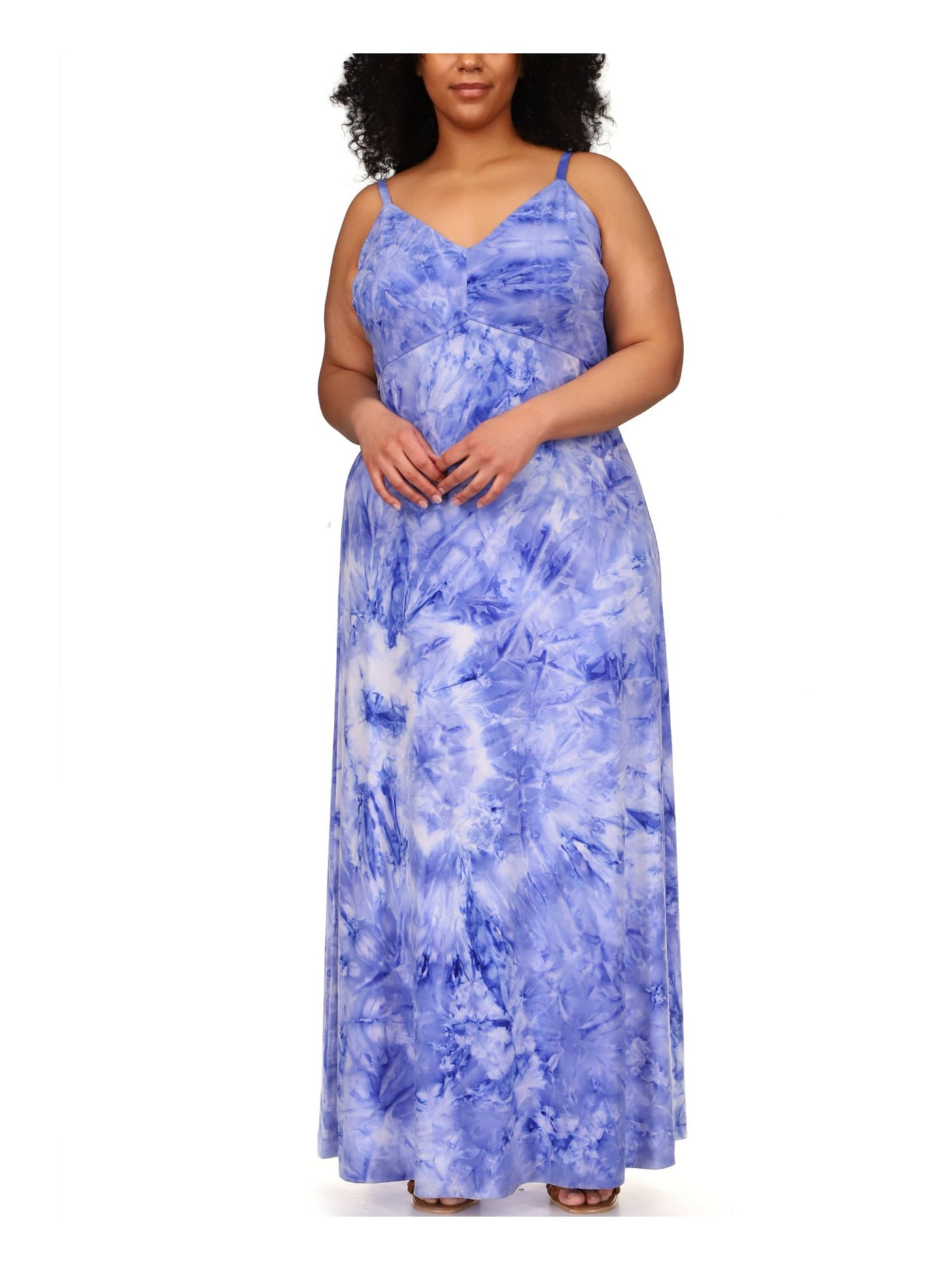 MICHAEL MICHAEL KORS Womens Blue Adjustable Unlined Pullover Tie Dye Spaghetti Strap V Neck Maxi Empire Waist Dress Plus 0X