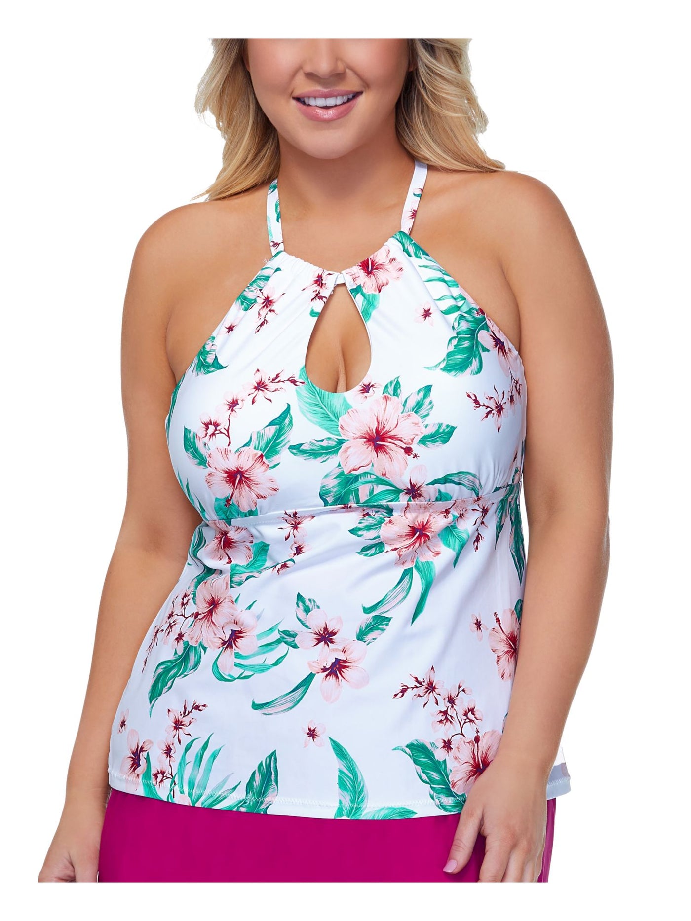 RAISINS CURVE Women's White Floral Underwire Removable Cups High Neck Tankini Swimsuit Top S