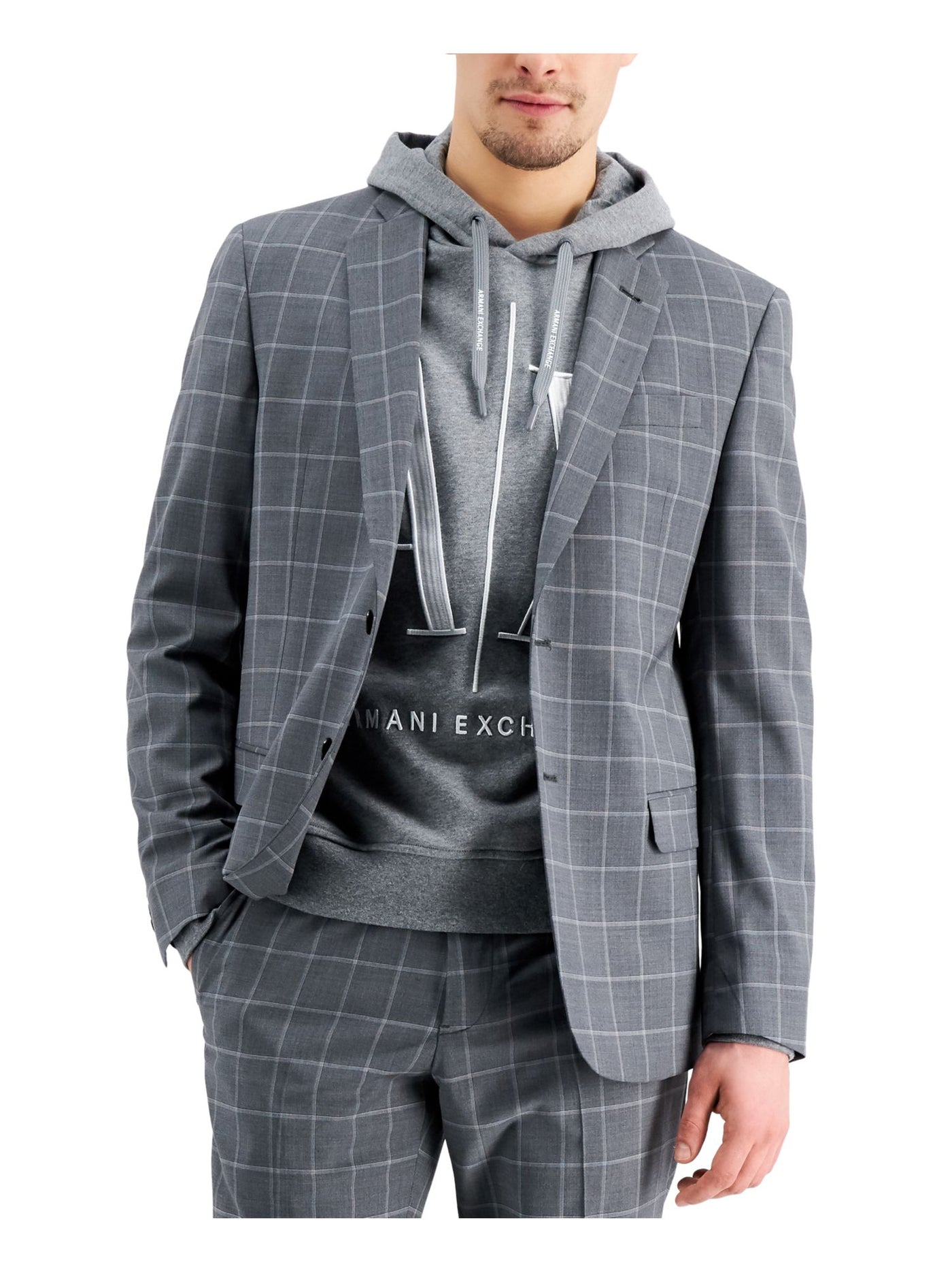 ARMANI Mens Gray Single Breasted, Windowpane Plaid Stretch Blazer Jacket 40 Short