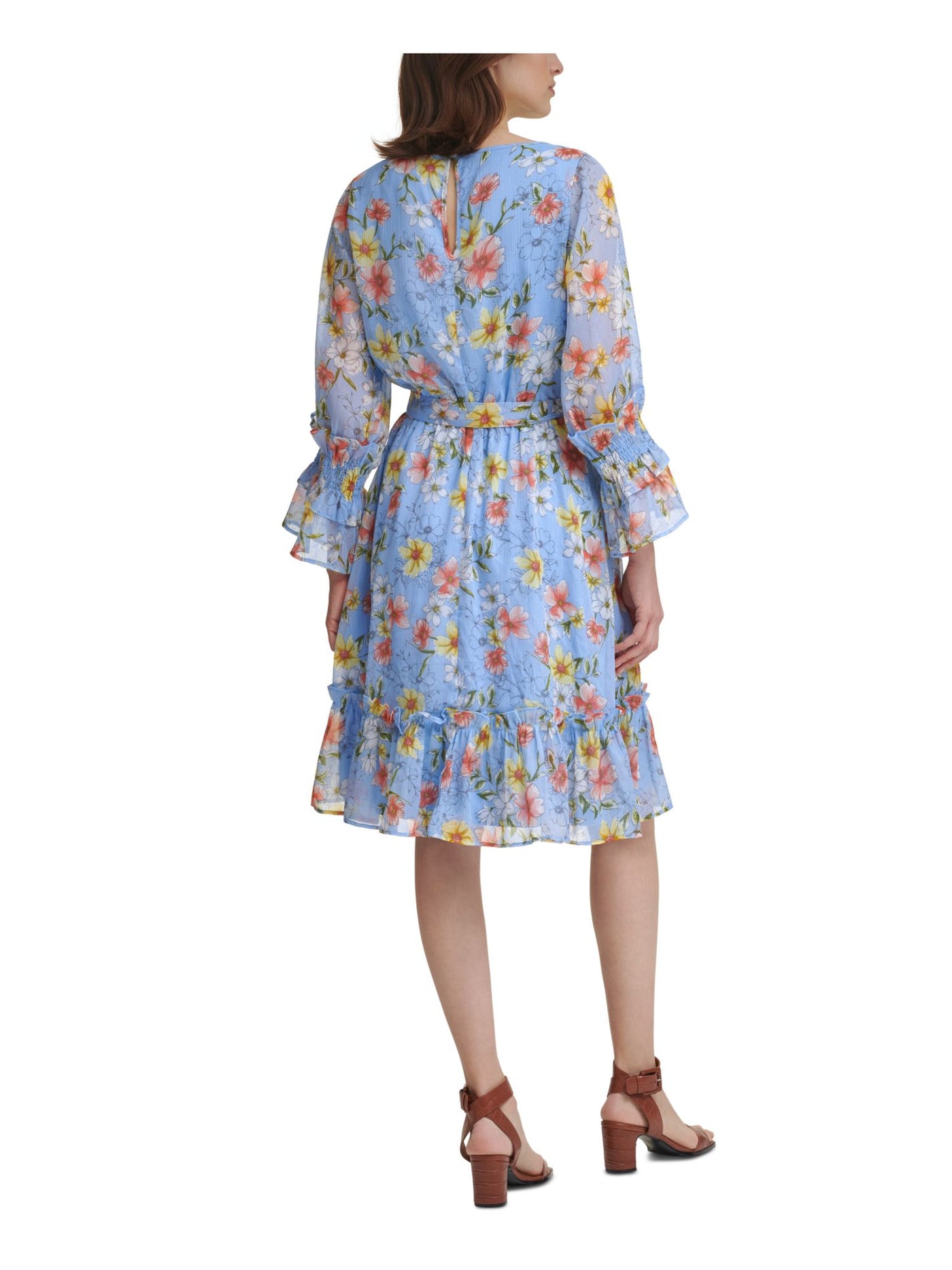CALVIN KLEIN Womens Light Blue Stretch Metallic Sheer Ruffle  Hem Floral Long Sleeve Keyhole Knee Length A-Line Dress 6