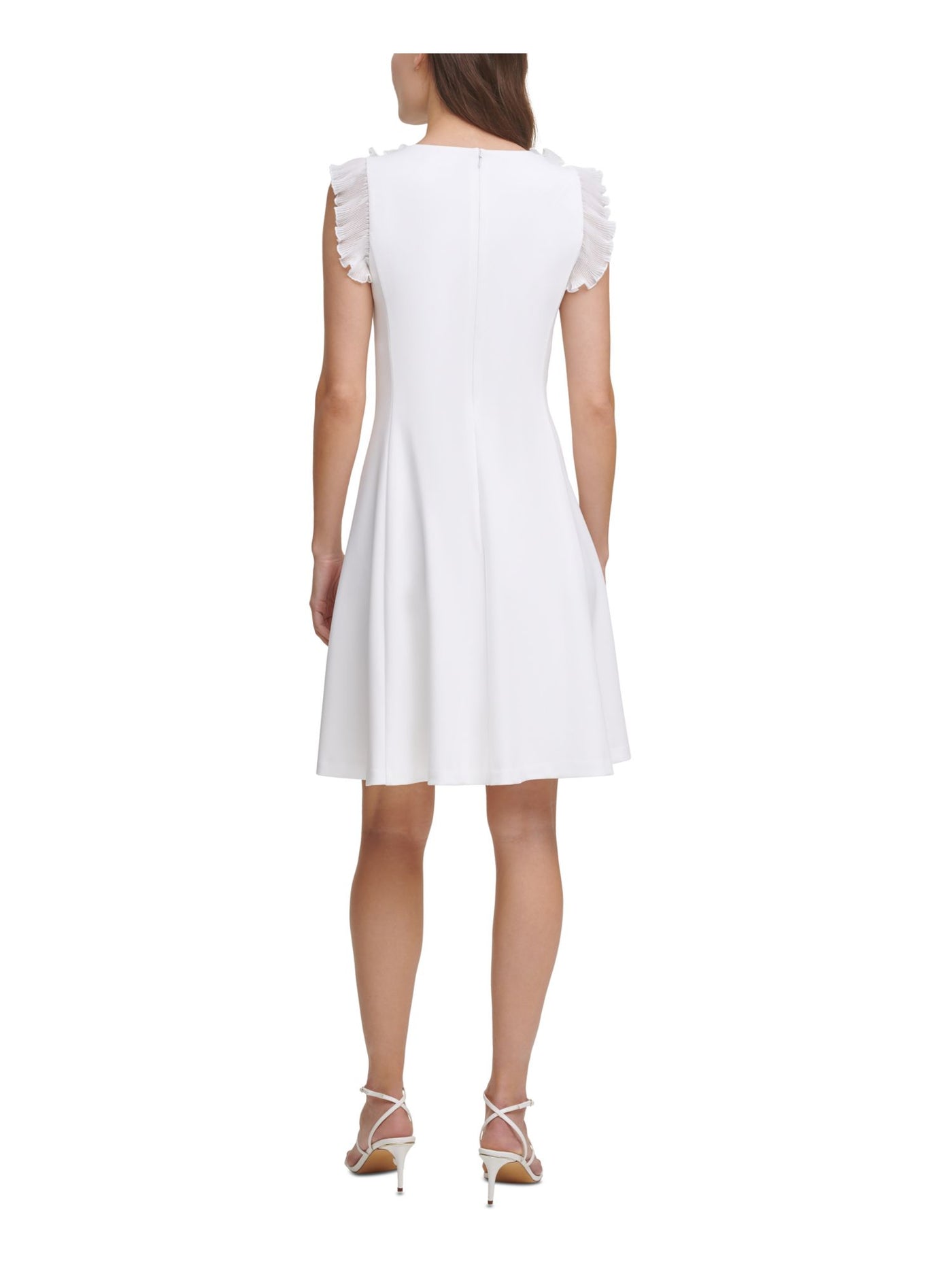 DKNY Womens White Zippered Pleated Scuba Crepe Ruffles Lined Cap Sleeve Crew Neck Above The Knee Wear To Work Fit + Flare Dress 16