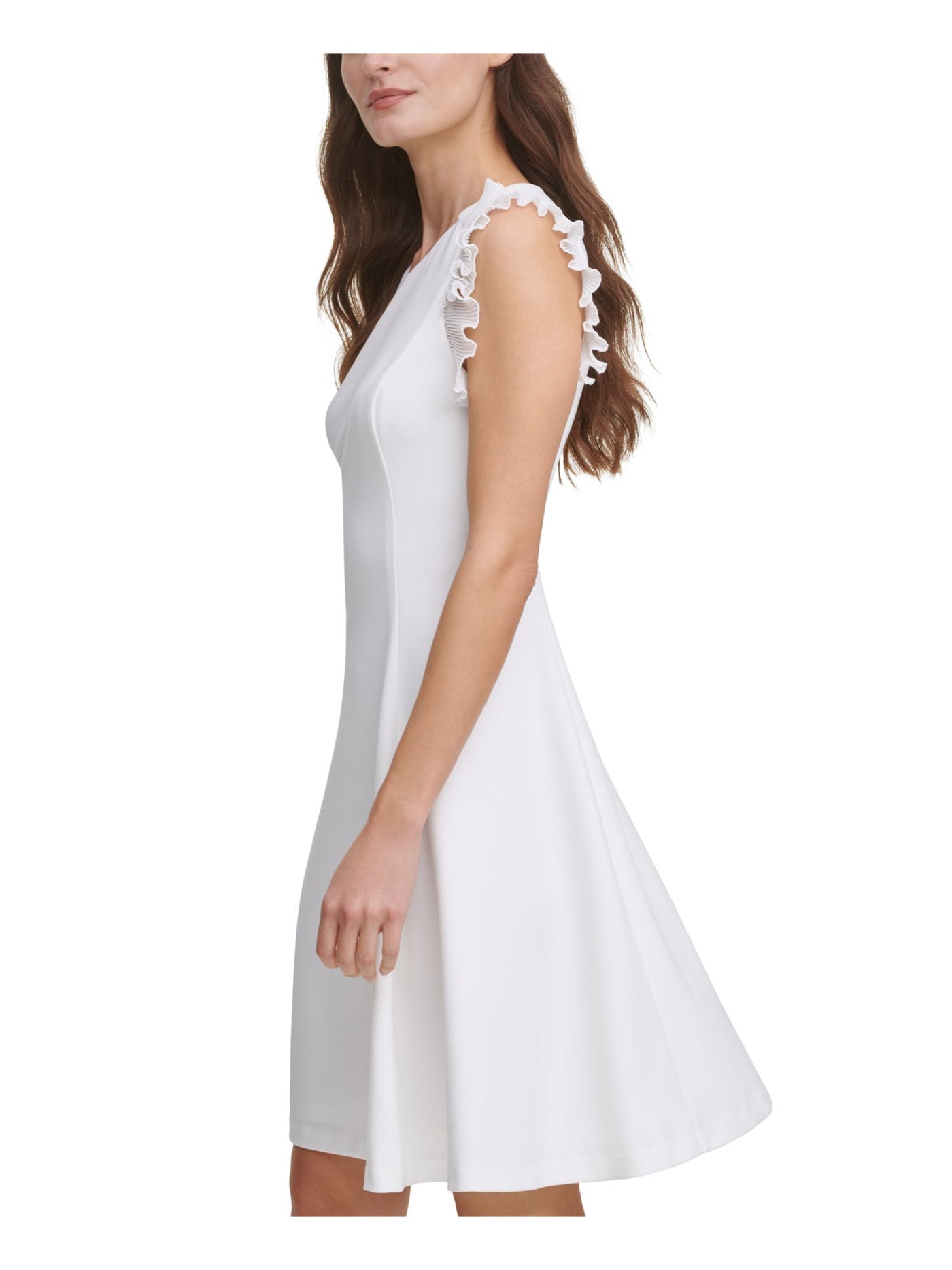 DKNY Womens White Zippered Pleated Scuba Crepe Ruffles Lined Cap Sleeve Crew Neck Above The Knee Wear To Work Fit + Flare Dress 16
