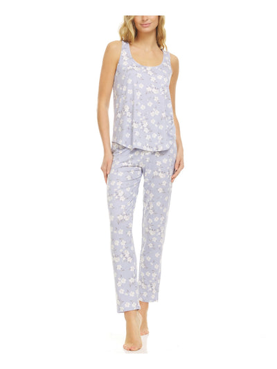 FLORA Womens Blue Floral Lace Sleeveless Tank Top Straight leg Pants Stretch Pajamas Juniors M