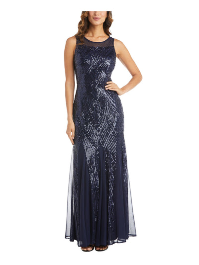 NIGHTWAY Womens Stretch Sequined Zippered Lined Sleeveless Illusion Neckline Formal Gown Dress