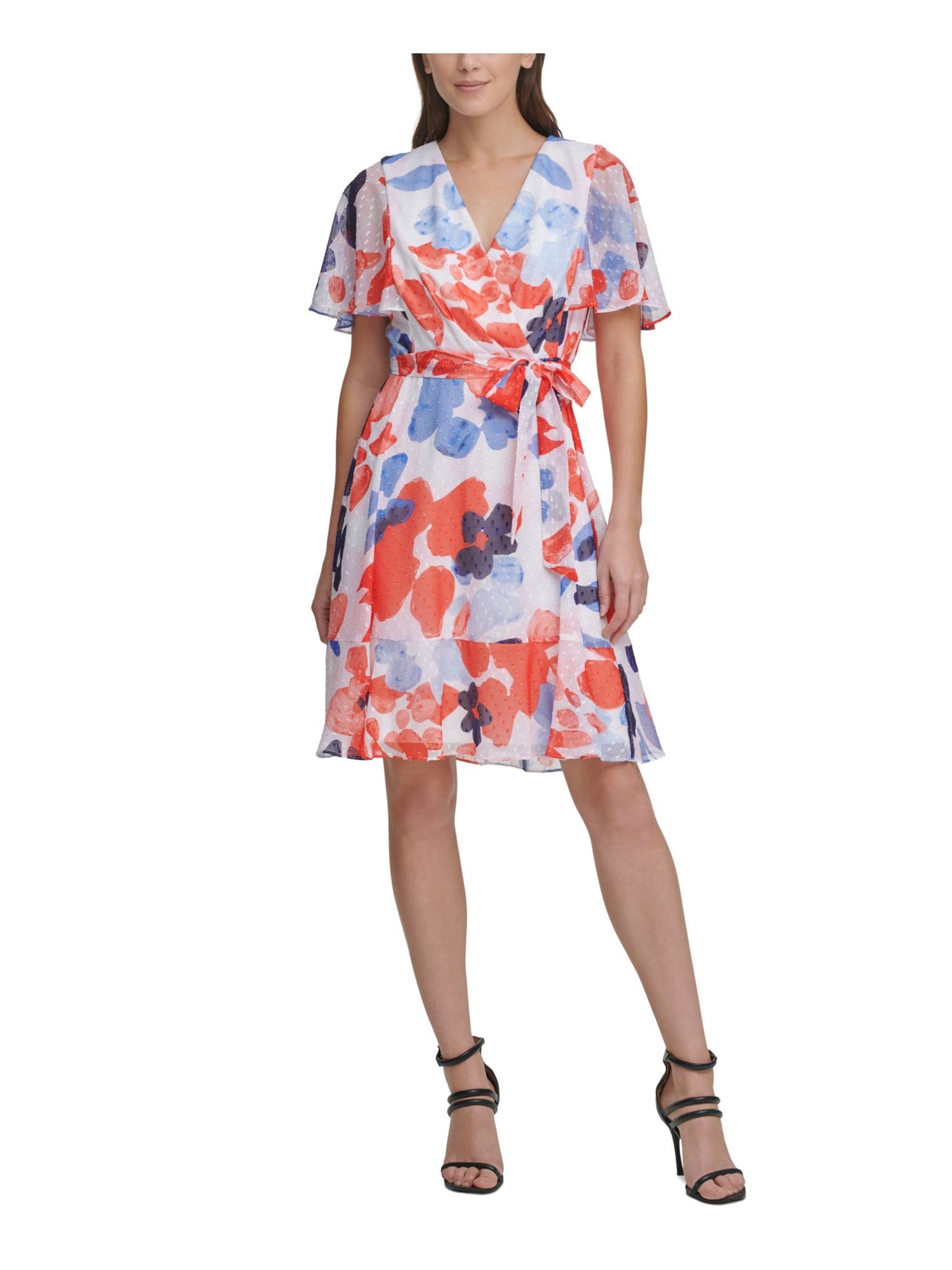 DKNY Womens Zippered Belted Sheer Lined Flutter Sleeve Surplice Neckline Above The Knee Wear To Work Fit + Flare Dress