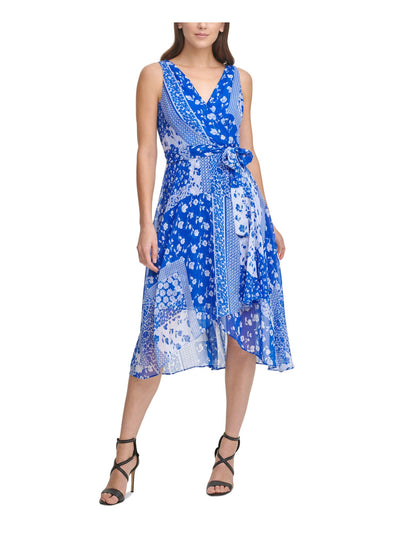 DKNY Womens Blue Zippered Belted V-back Printed Sleeveless Surplice Neckline Midi Wear To Work Faux Wrap Dress 10