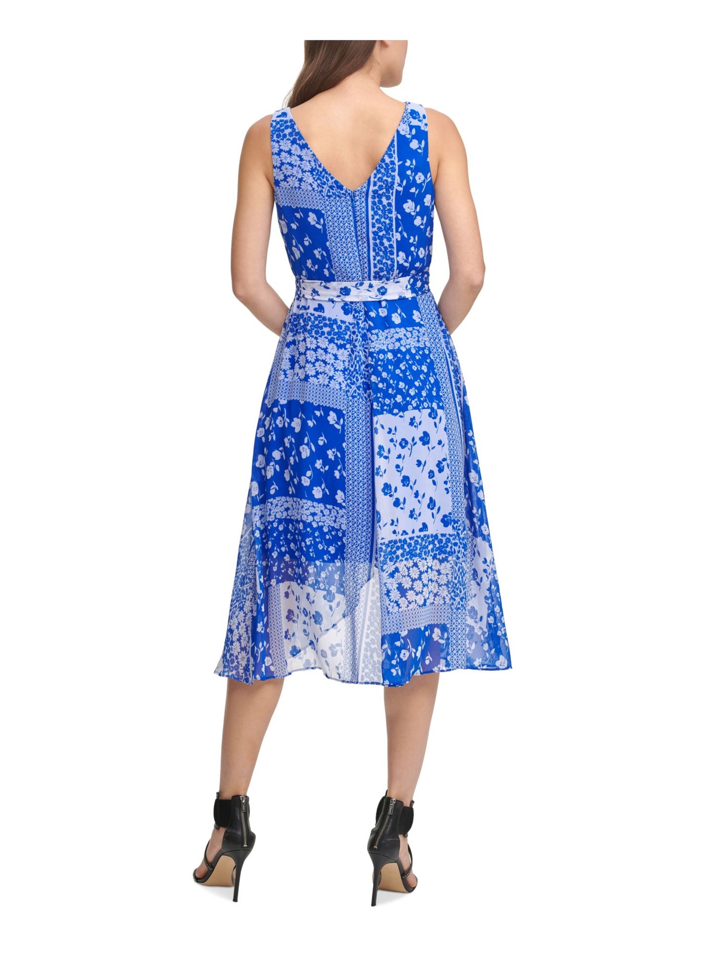 DKNY Womens Blue Zippered Belted V-back Printed Sleeveless Surplice Neckline Midi Wear To Work Faux Wrap Dress 10