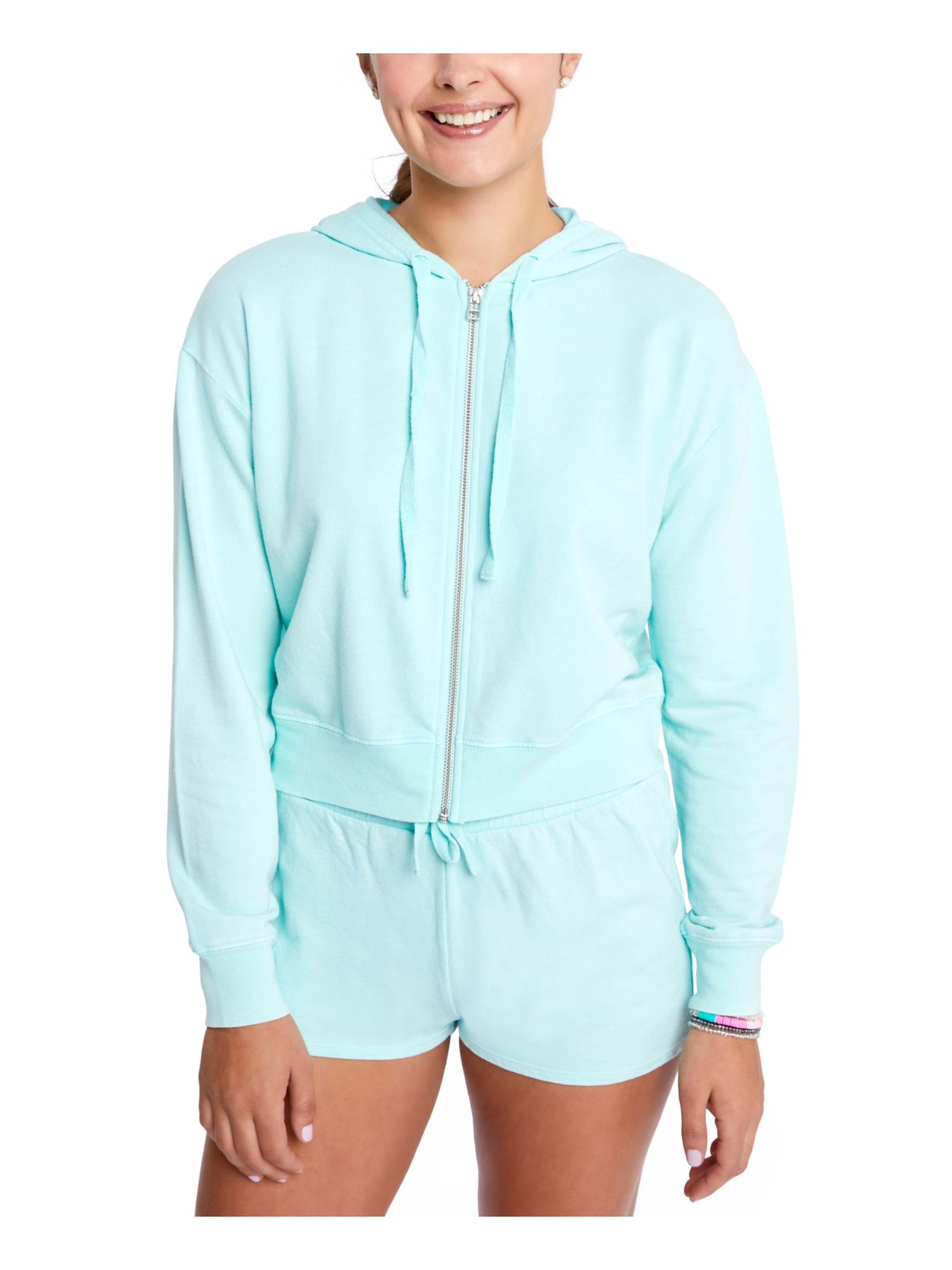 SUNDOWN BY SPLENDID Womens Turquoise Stretch Zippered Pocketed Hemline Band Drawstring Long Sleeve Hoodie Top M