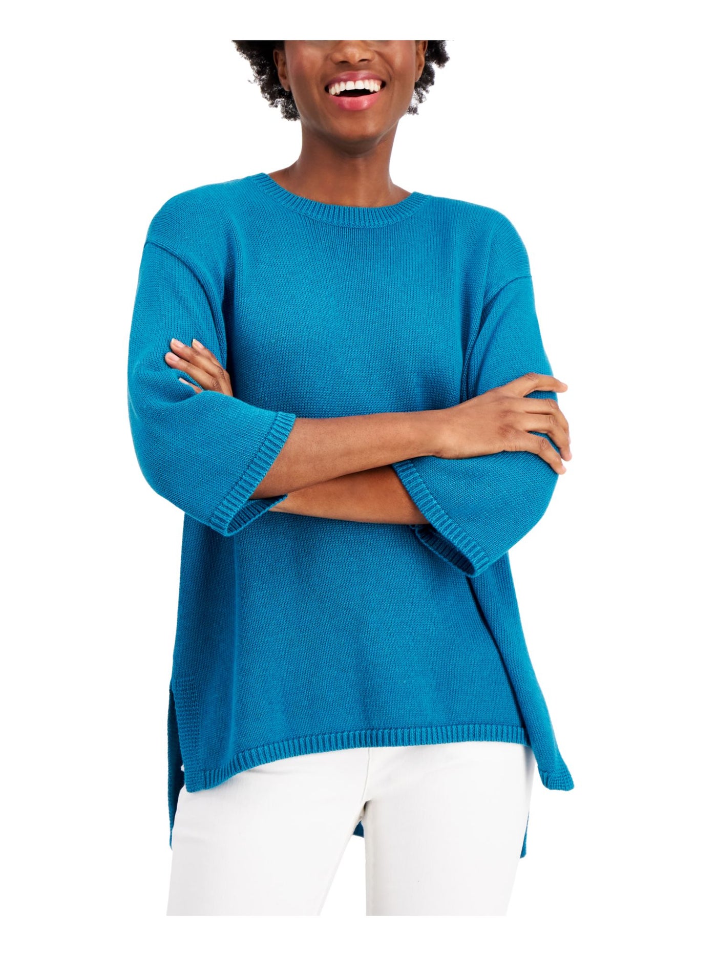 EILEEN FISHER Womens Teal Ribbed Knit Drop-shoulder 3/4 Sleeve Crew Neck Hi-Lo Sweater L