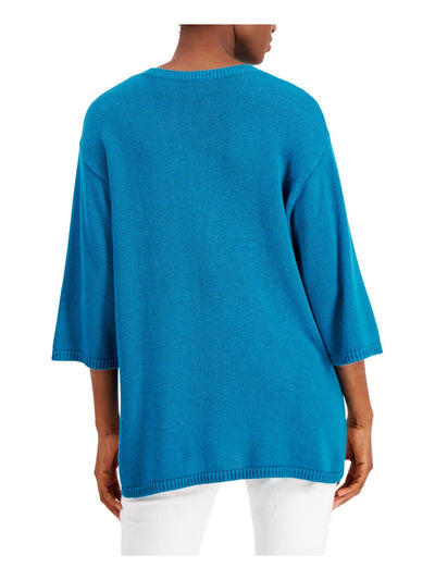 EILEEN FISHER Womens Teal Ribbed Knit Drop-shoulder 3/4 Sleeve Crew Neck Hi-Lo Sweater L
