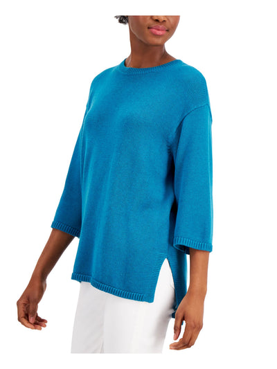 EILEEN FISHER Womens Teal Ribbed Knit Drop-shoulder 3/4 Sleeve Crew Neck Hi-Lo Sweater XS