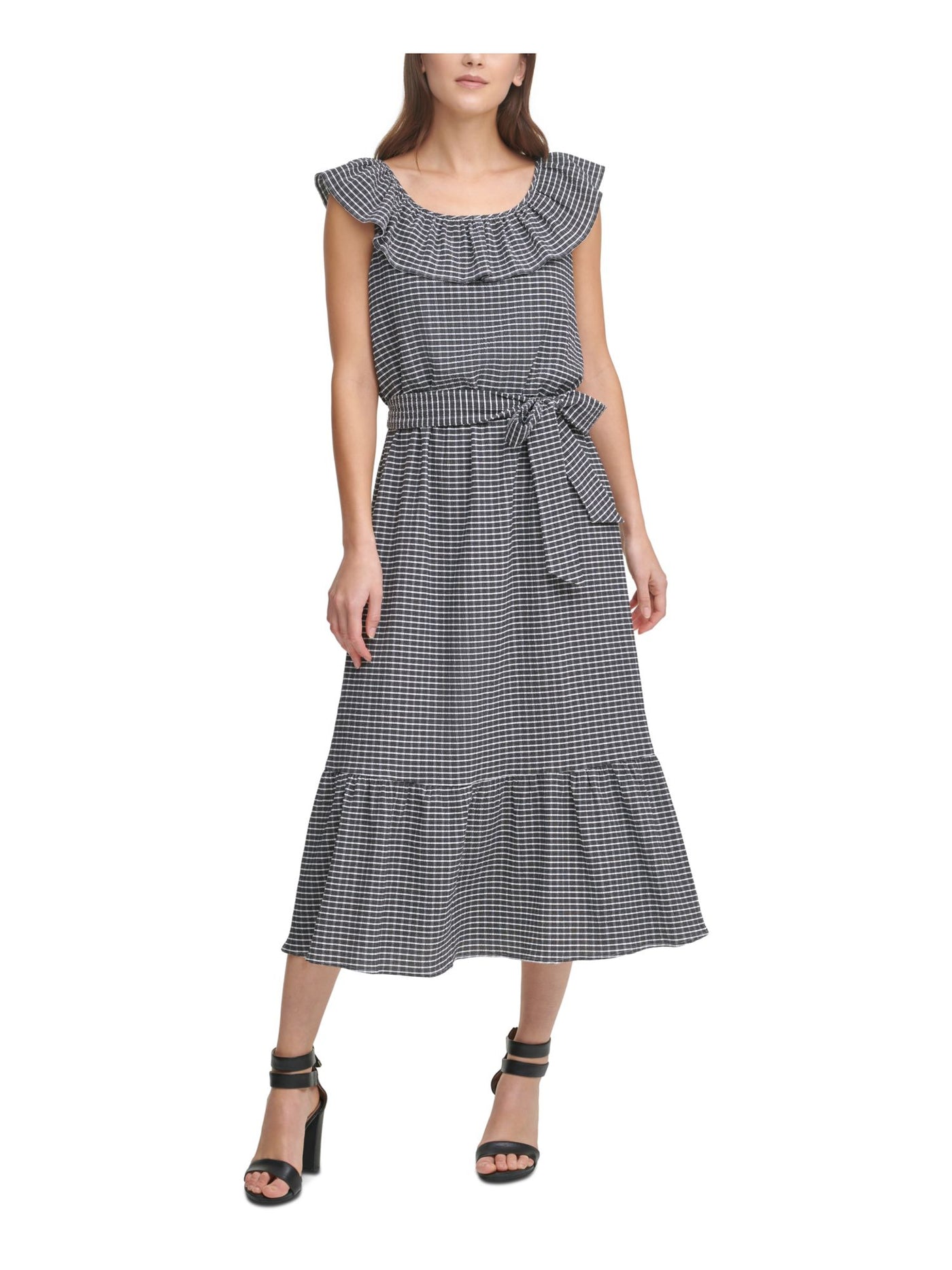 DKNY Womens White Zippered Belted Ruffled Plaid Flutter Sleeve Off Shoulder Midi Wear To Work Fit + Flare Dress 2