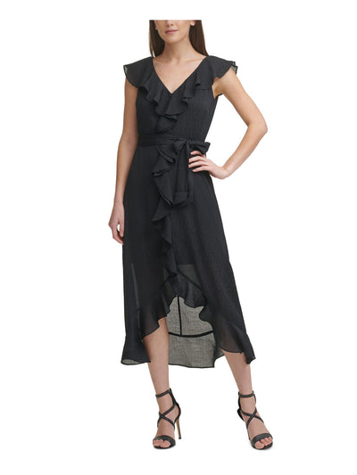 DKNY Womens Black Ruffled Zippered Self Tie Belt Cap Sleeve V Neck Midi Party Hi-Lo Dress 8