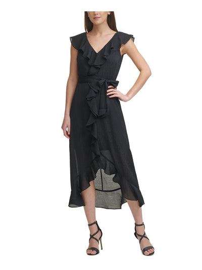 DKNY Womens Black Ruffled Zippered Self Tie Belt Cap Sleeve V Neck Midi Party Hi-Lo Dress 2