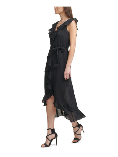 DKNY Womens Black Ruffled Zippered Self Tie Belt Cap Sleeve V Neck Midi Party Hi-Lo Dress 8