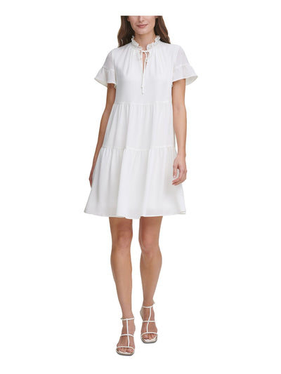 DKNY Womens White Ruffled Gauze Short Sleeve Tie Neck Short Evening Fit + Flare Dress 2