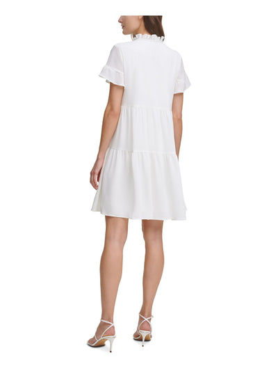 DKNY Womens Ivory Ruffled Gauze Short Sleeve Tie Neck Short Evening Fit + Flare Dress 6