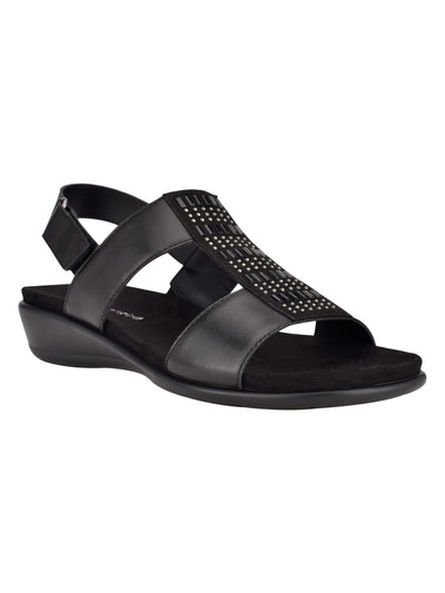 EASY SPIRIT Womens Black Mixed Media Adjustable Arch Support  Comfort Rhinestone Metallic Hazel Round Toe Wedge Slingback Sandal 7 M