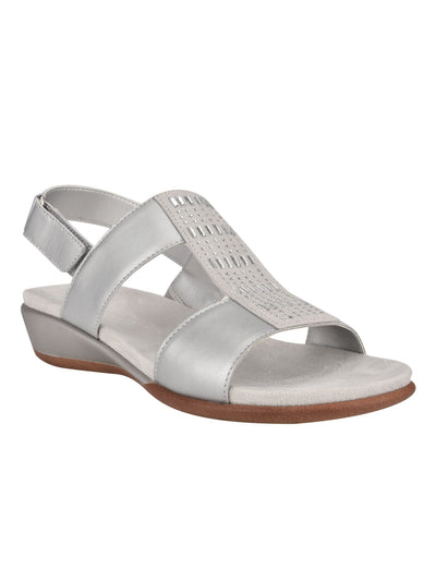 EASY SPIRIT Womens Silver Mixed Media Adjustable Arch Support Goring Comfort Rhinestone Metallic Hazel Round Toe Wedge Leather Slingback Sandal 7.5 M