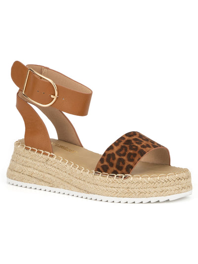 OLIVIA MILLER Womens Brown Mixed Media 1" Platform Ankle Strap Cushioned Almond Beach Open Toe Wedge Buckle Espadrille Shoes 8