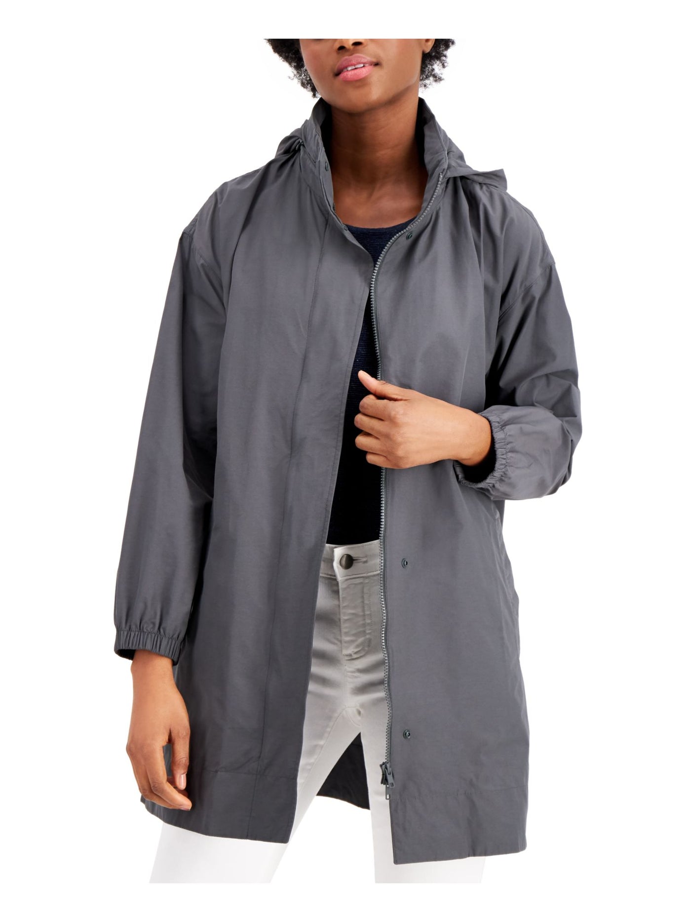 EILEEN FISHER Womens Gray Pocketed Packable Hood Snap Close Stand Collar Zip Up Jacket M
